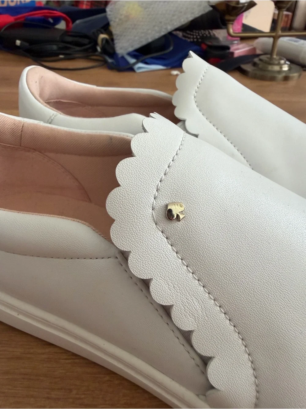 kate spade White Scallop-Trim Slip-On Sneakers with Pink Lining